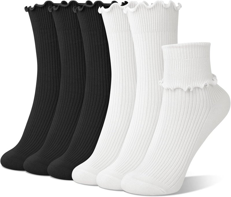 Socksfad Store 6 Pairs Cute Floral Ruffle Crew Socks Women, Breathable Cotton Novelty Casual Girls Above Ankle Funny Socks US 5-10 - Image 1